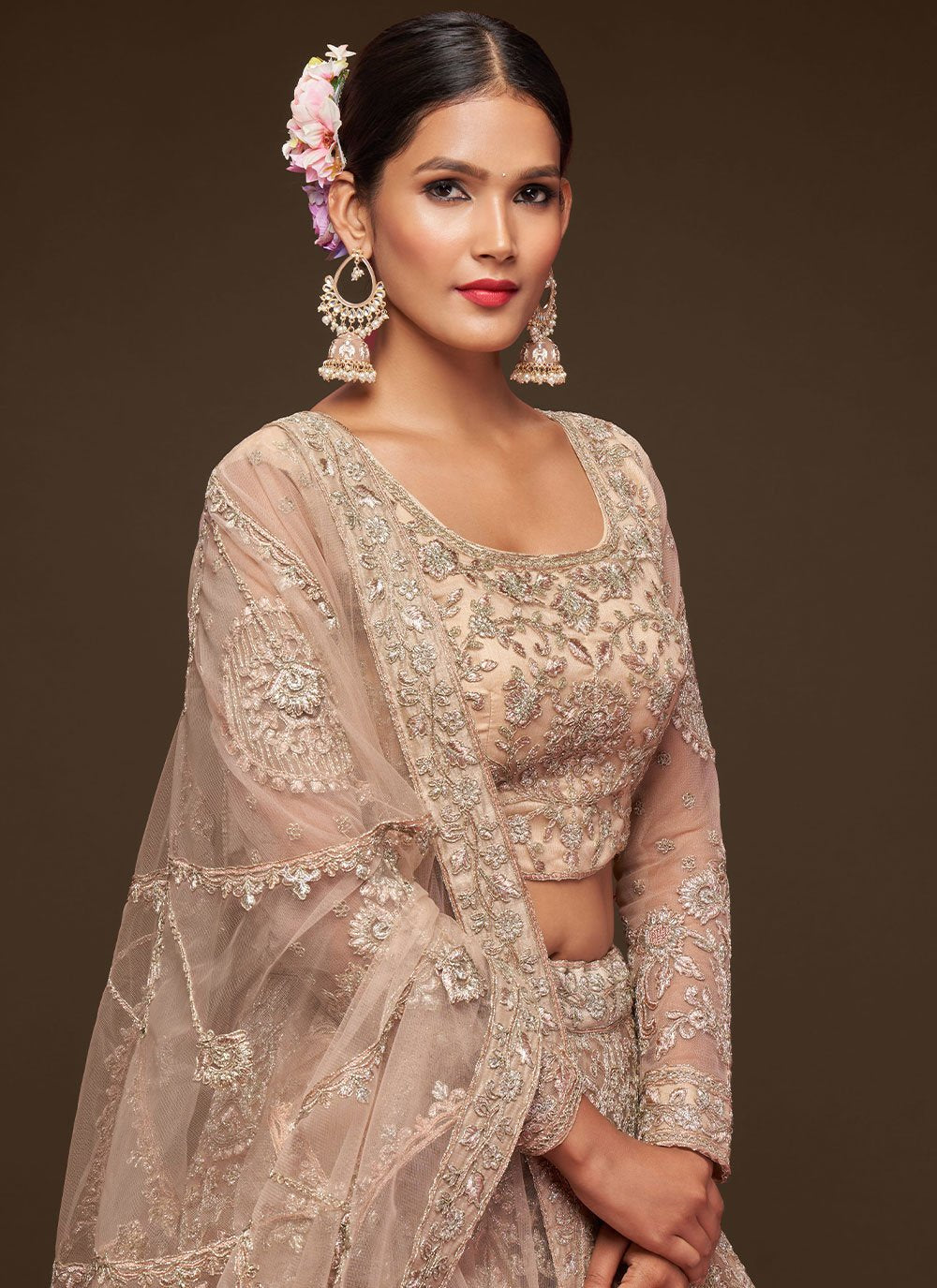 Lehenga Choli Net Beige Dori Work Lehenga Choli