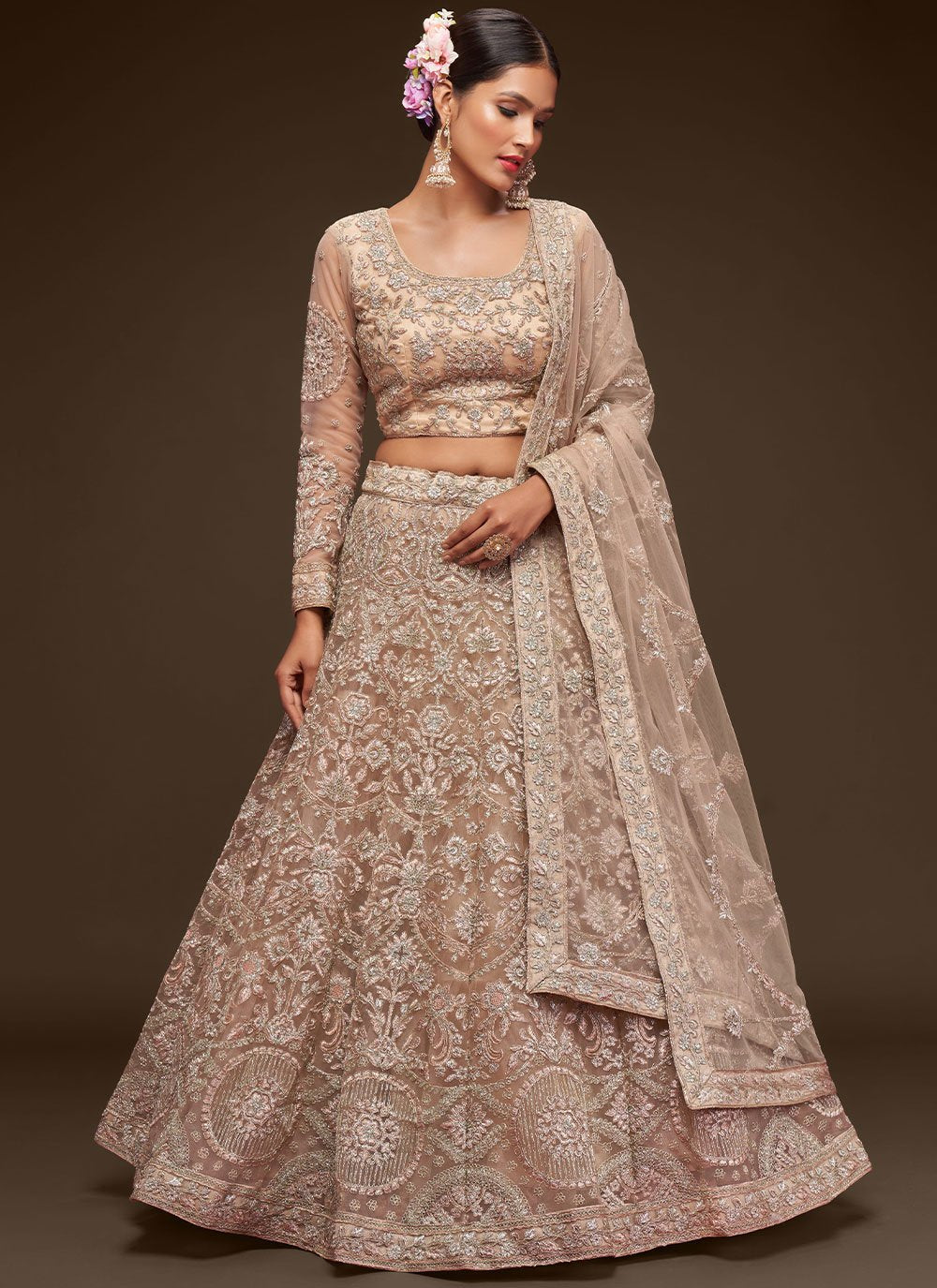 Lehenga Choli Net Beige Dori Work Lehenga Choli