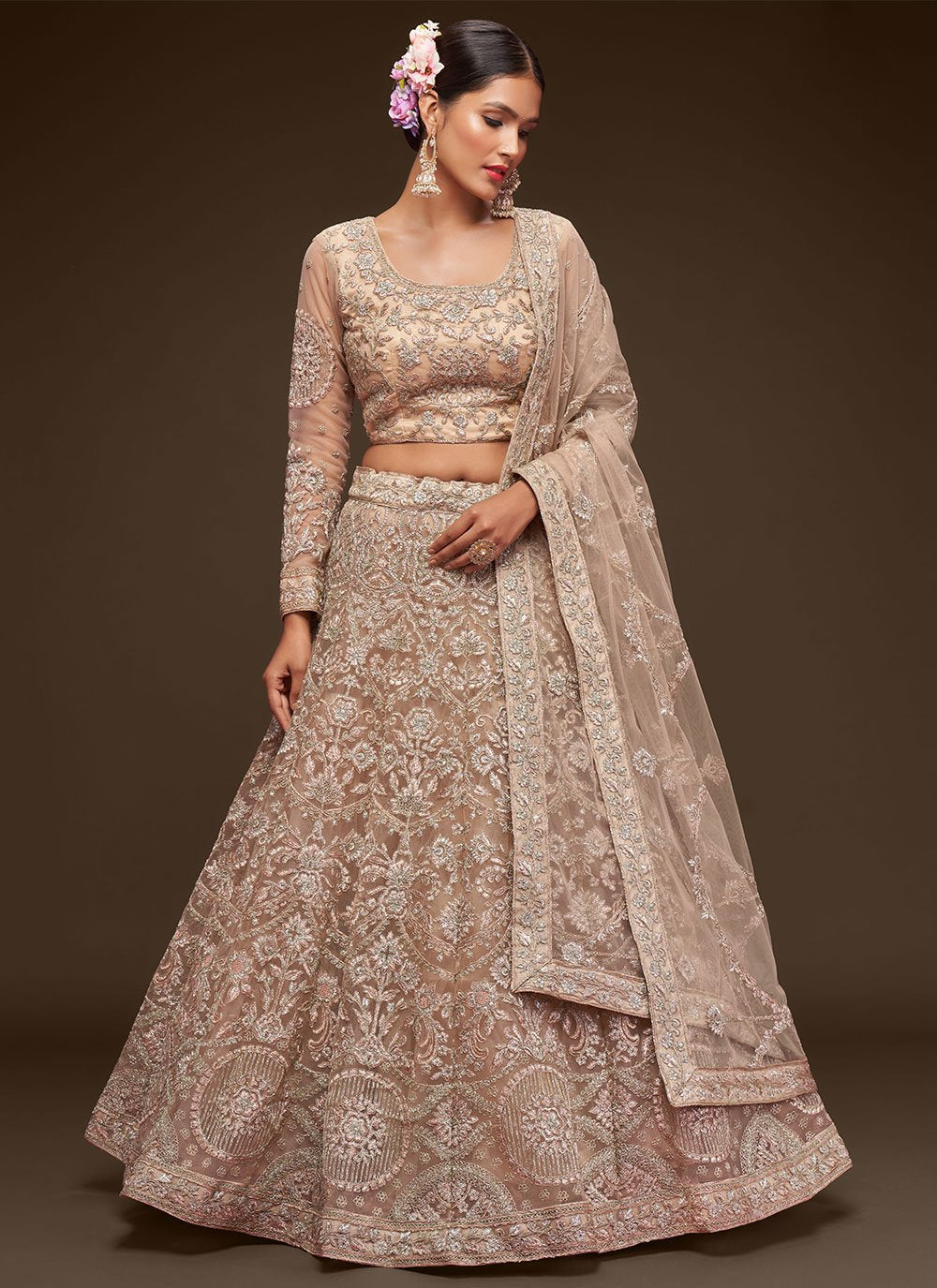 Lehenga Choli Net Beige Dori Work Lehenga Choli