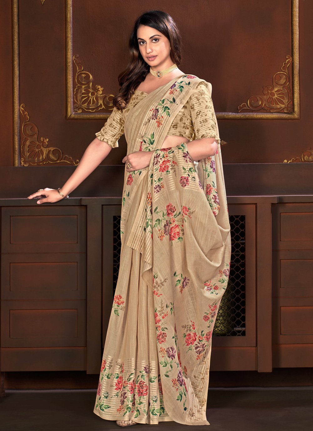 Designer Linen Beige Floral Patch Saree