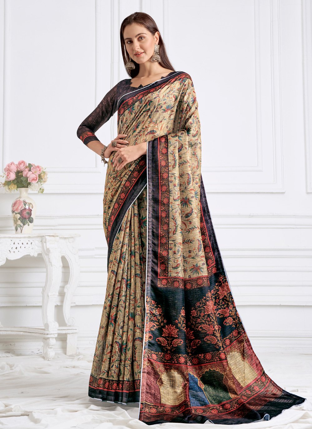 Contemporary Faux Crepe Beige Digital Print Saree