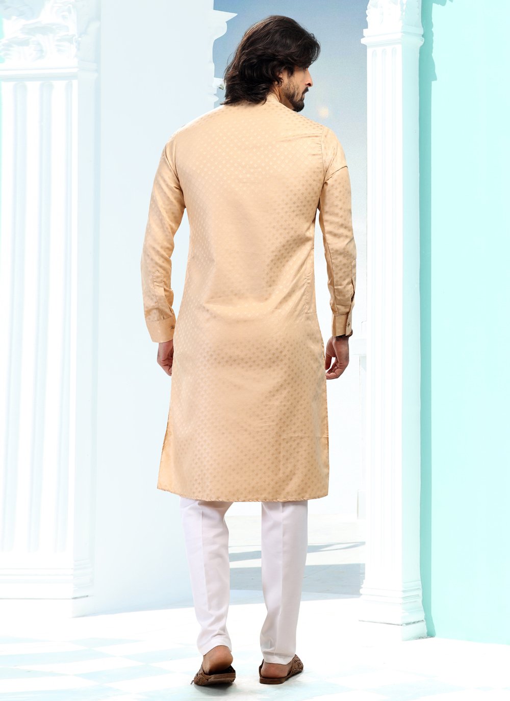 Kurta Pyjama Silk Beige Fancy Work Mens