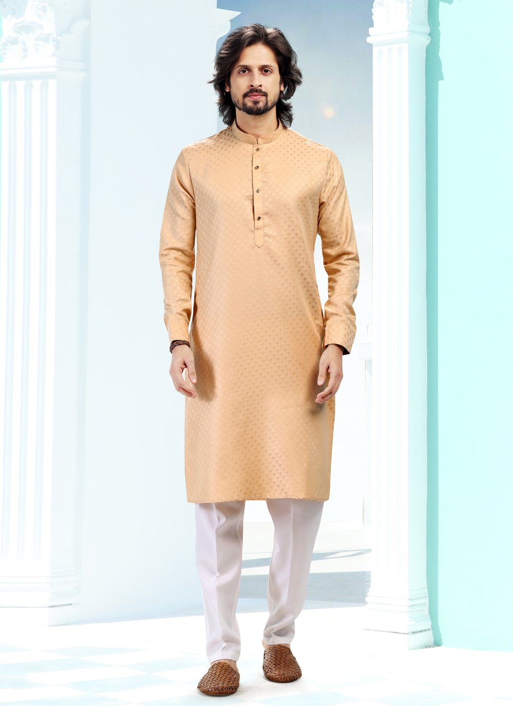 Kurta Pyjama Silk Beige Fancy Work Mens