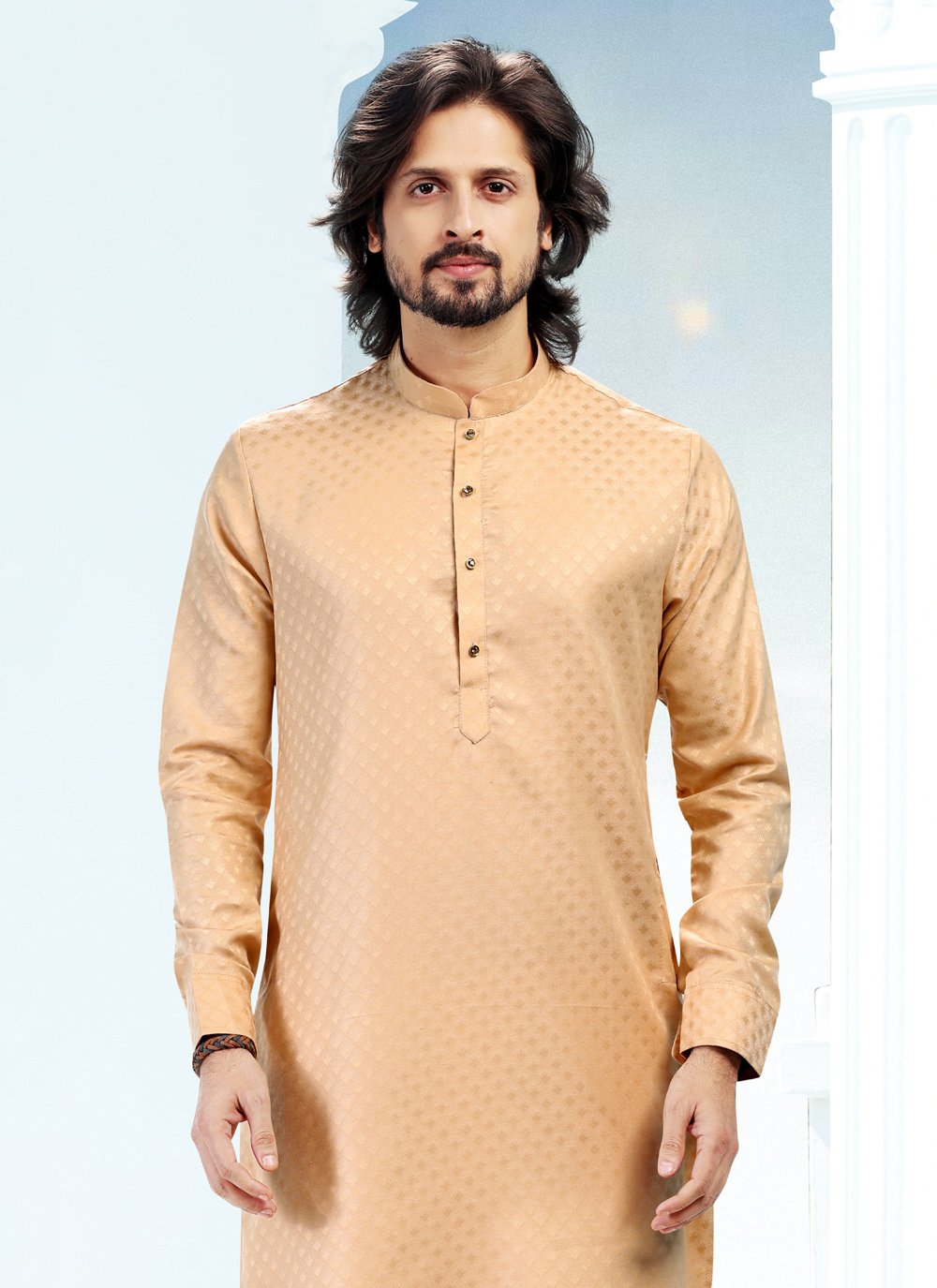 Kurta Pyjama Silk Beige Fancy Work Mens