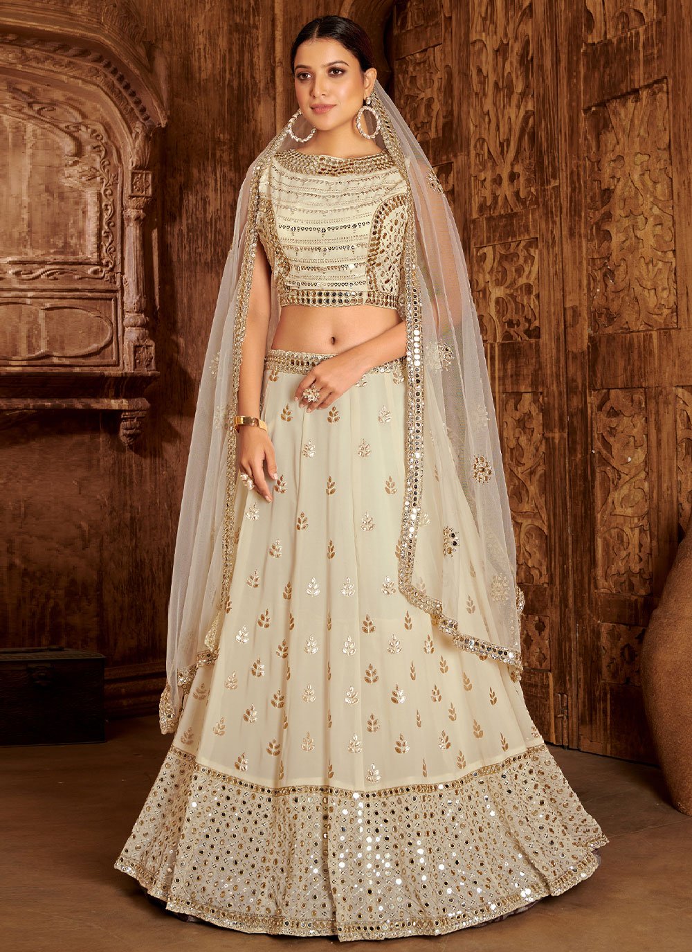 Lehenga Choli Viscose Beige Embroidered Lehenga Choli