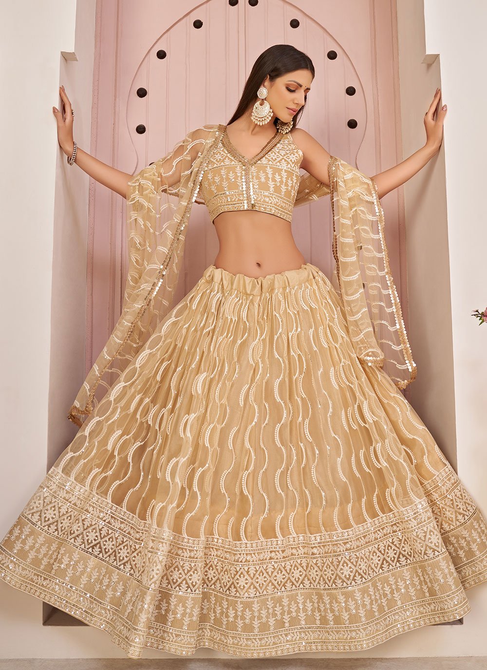 Lehenga Choli Net Beige Embroidered Lehenga Choli