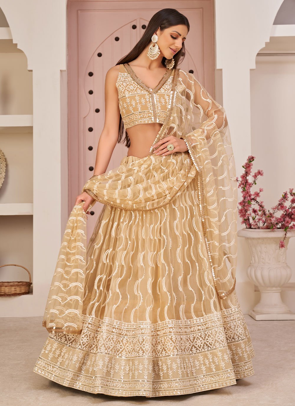 Lehenga Choli Net Beige Embroidered Lehenga Choli