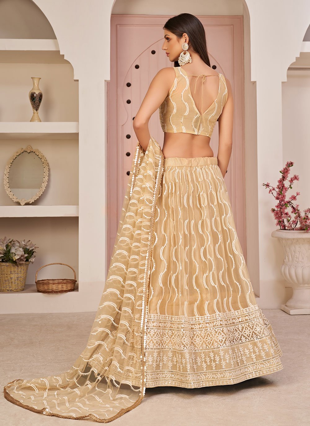 Lehenga Choli Net Beige Embroidered Lehenga Choli