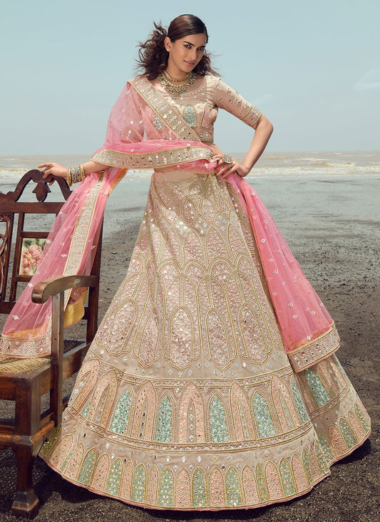 Lehenga Choli Organza Beige Embroidered Lehenga Choli