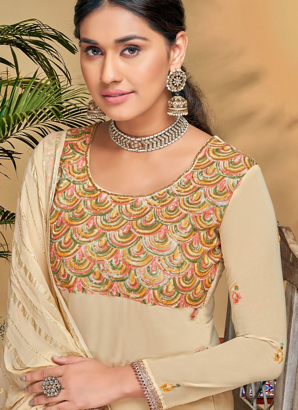 Pant Style Suit Georgette Viscose Beige Embroidered Salwar Kameez