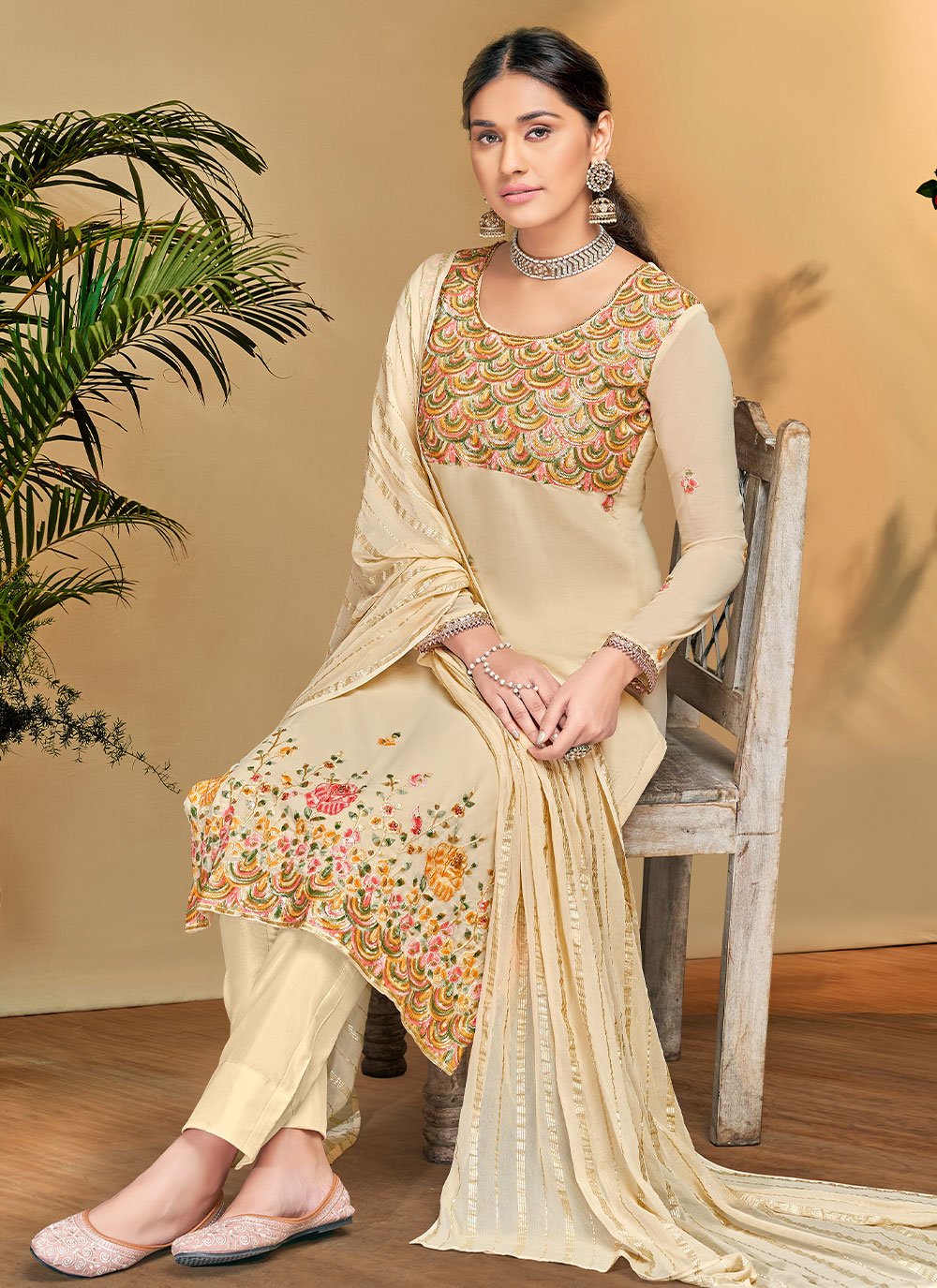 Pant Style Suit Georgette Viscose Beige Embroidered Salwar Kameez