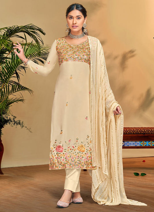 Pant Style Suit Georgette Viscose Beige Embroidered Salwar Kameez