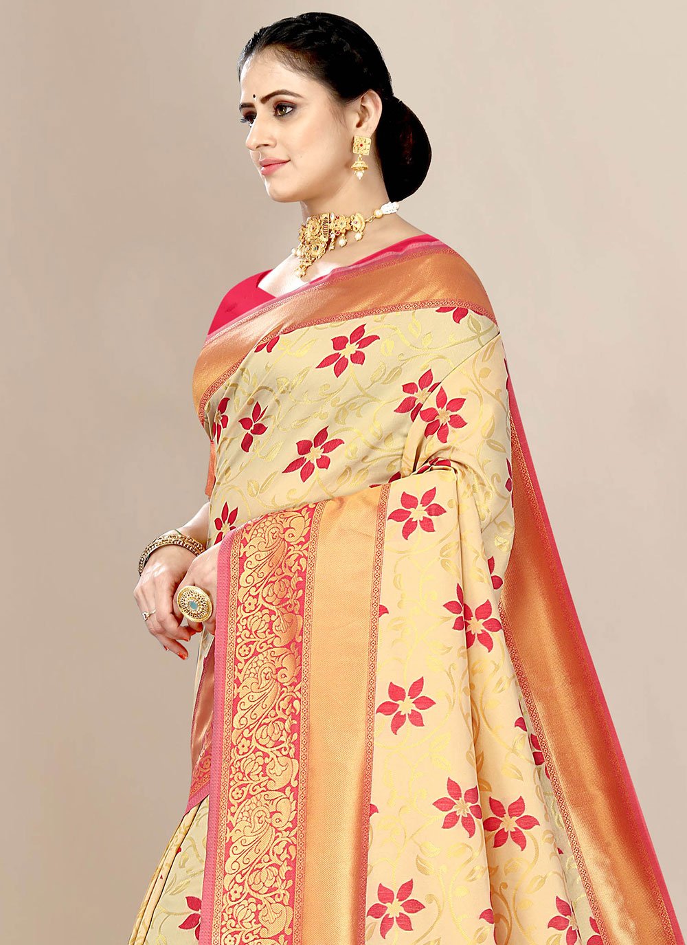 Classic Banarasi Silk Beige Jacquard Work Saree