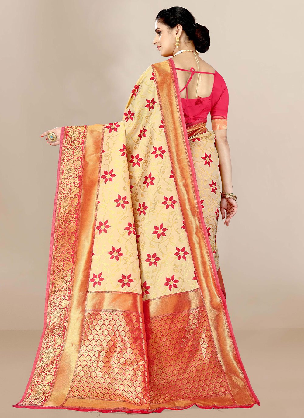 Classic Banarasi Silk Beige Jacquard Work Saree