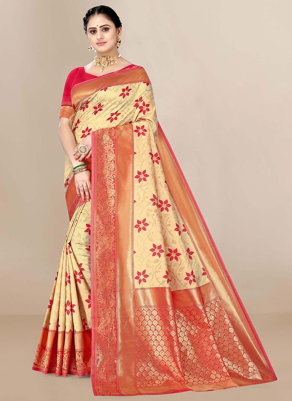 Classic Banarasi Silk Beige Jacquard Work Saree