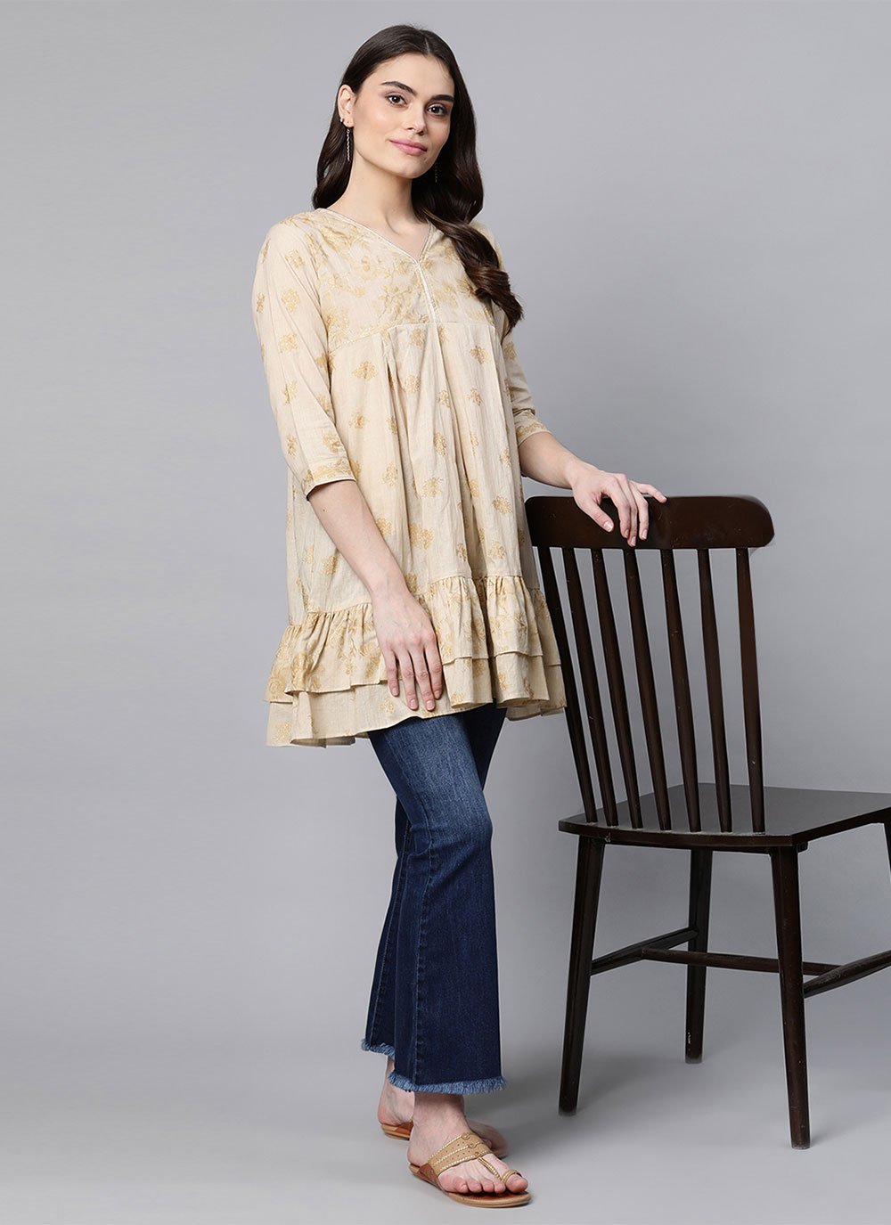 Designer Kurti Cotton Beige Print Kurtis