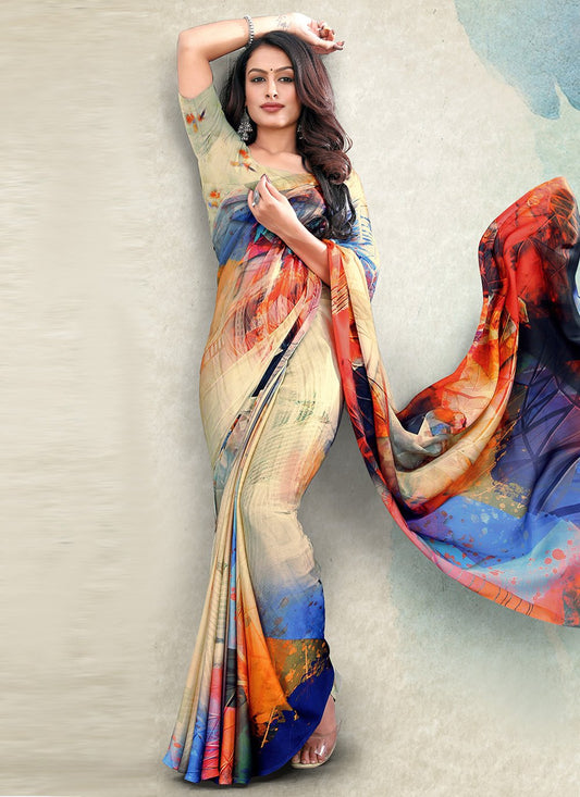 Classic Satin Beige Print Saree