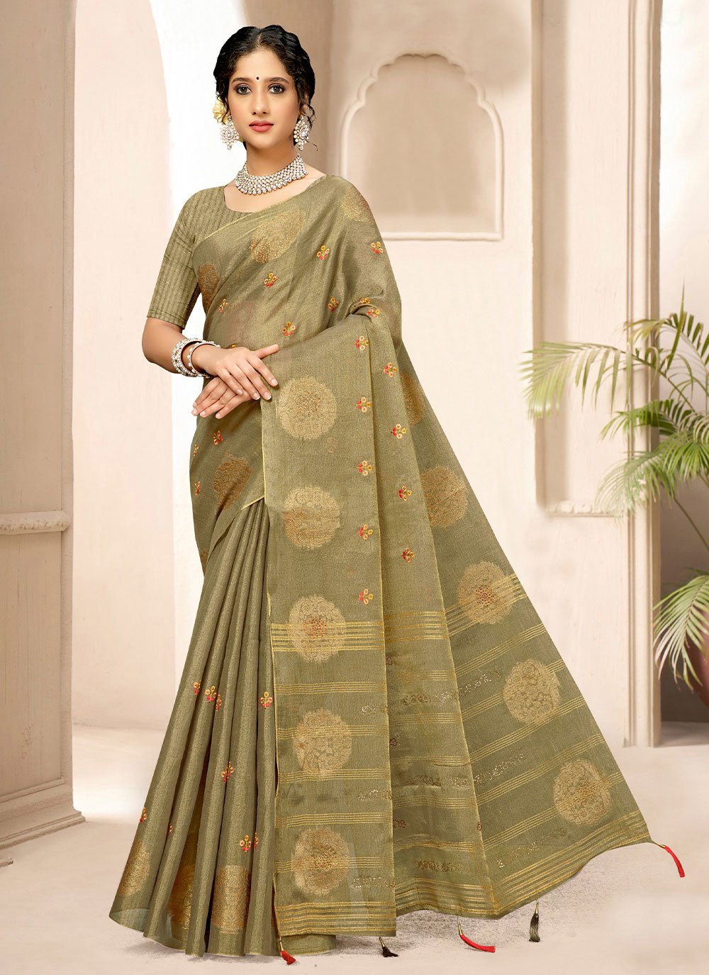 Trendy Saree Tissue Beige Embroidered Saree