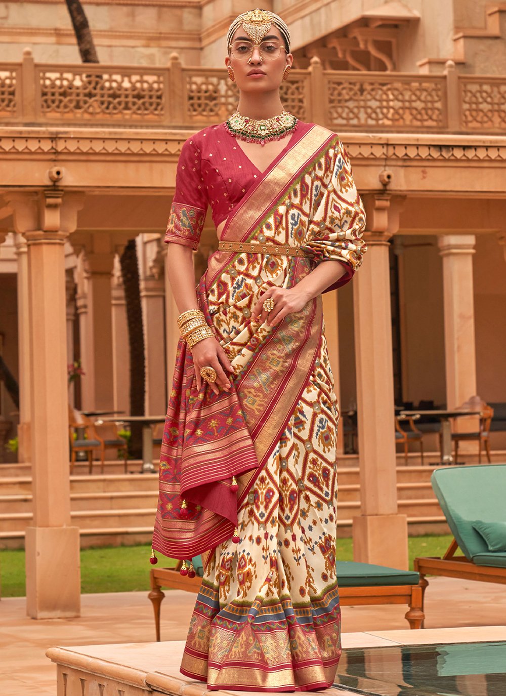 Trendy Saree Patola Silk Beige Foil Print Saree