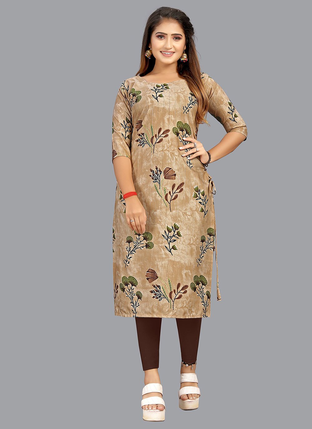 Casual Kurti Faux Crepe Beige Print Kurtis