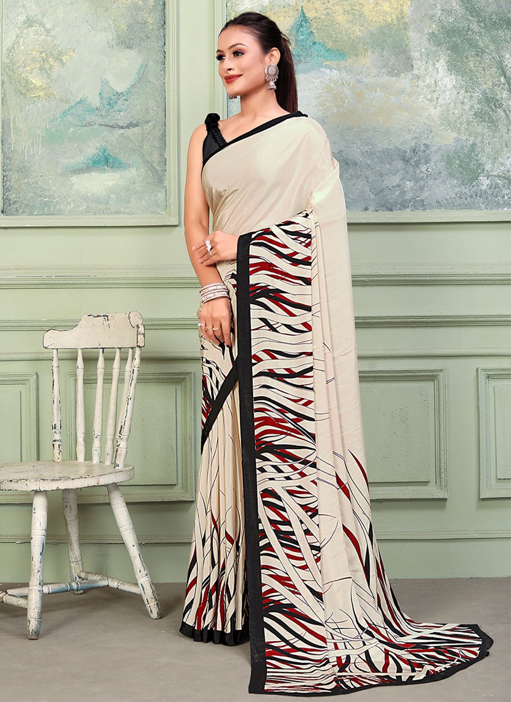 Trendy Saree Crepe Silk Beige Print Saree