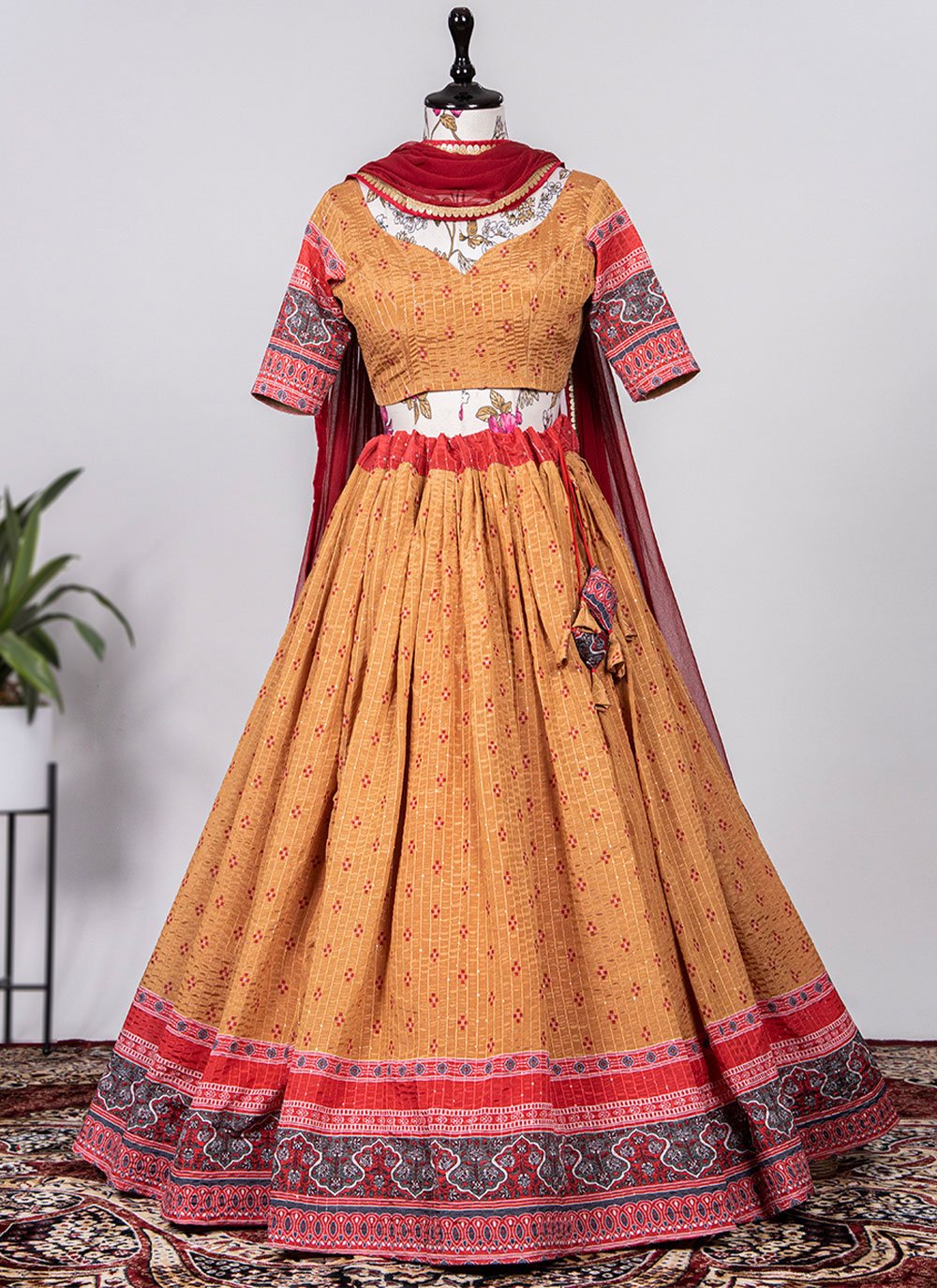 Lehenga Choli Chinon Beige Print Lehenga Choli