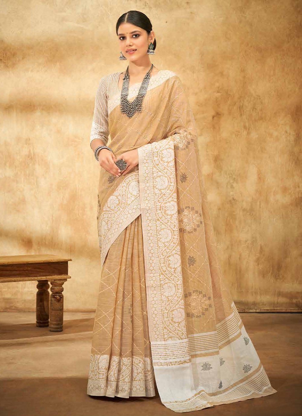 Classic Linen Beige Print Saree