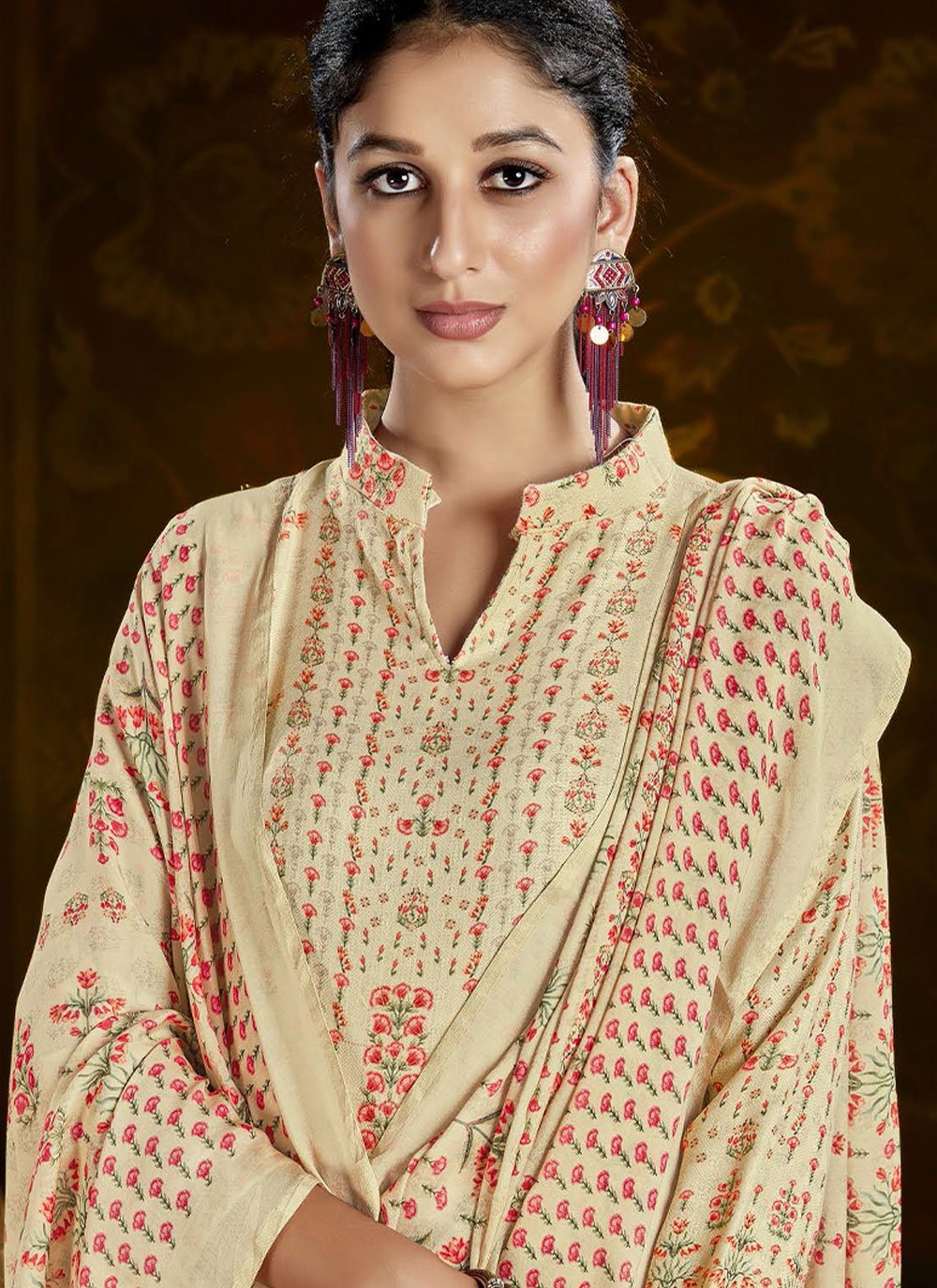 Salwar Suit Pashmina Beige Print Salwar Kameez