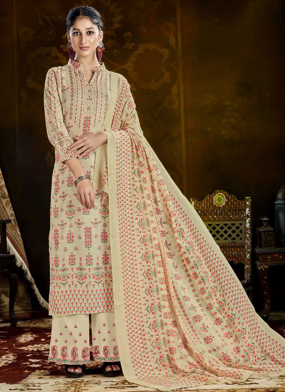 Salwar Suit Pashmina Beige Print Salwar Kameez