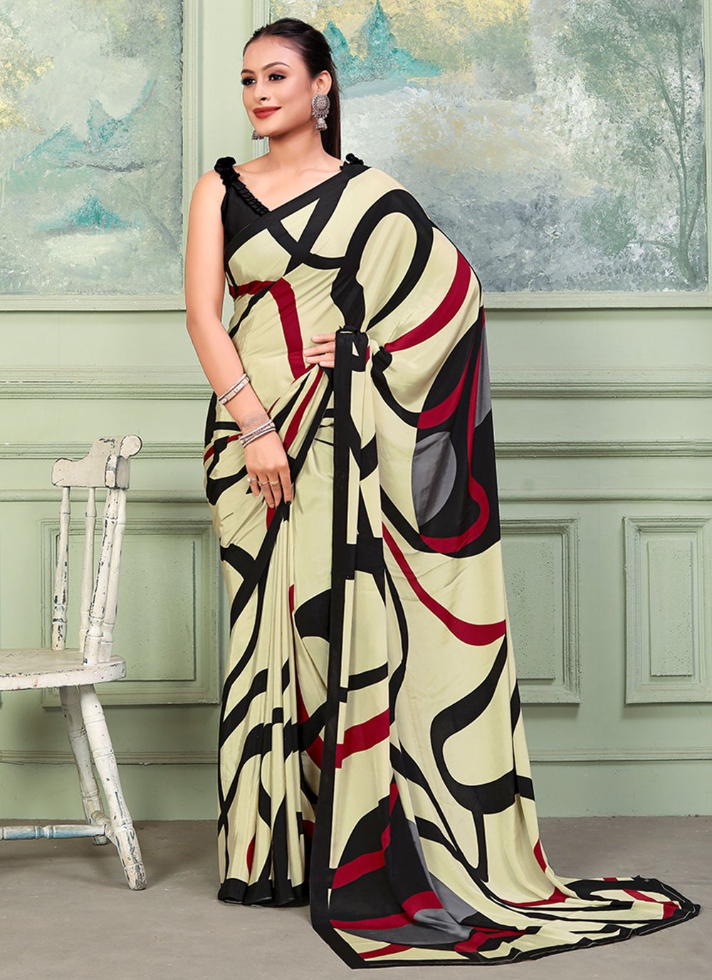 Trendy Saree Crepe Silk Beige Print Saree