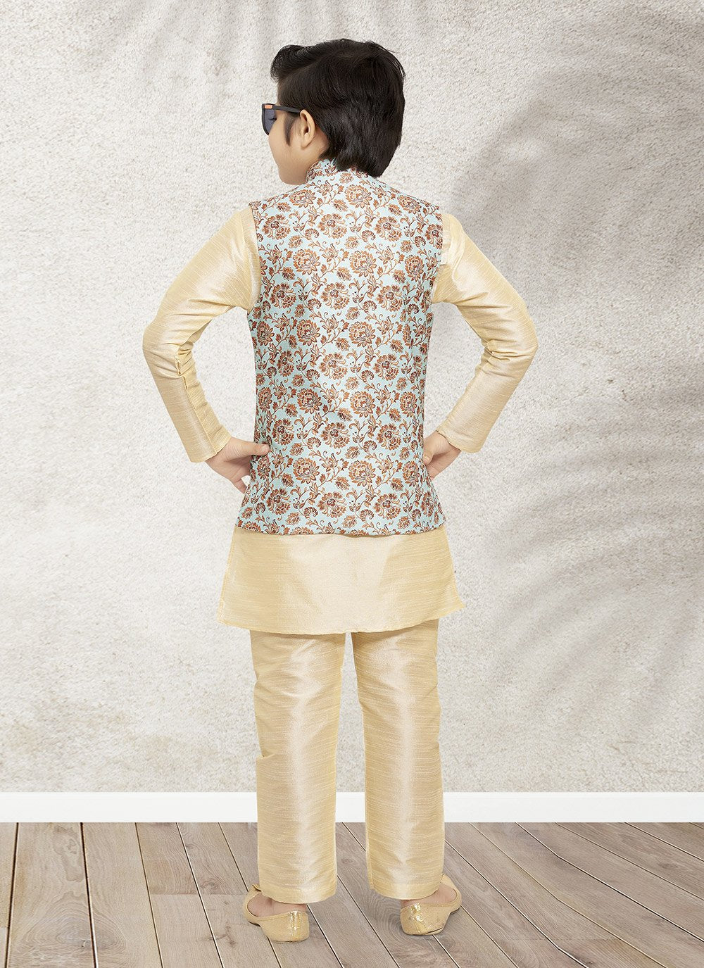 Kurta Payjama With Jacket Banarasi Silk Beige Print Kids