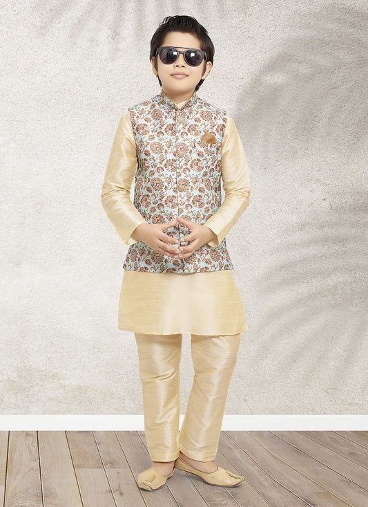 Kurta Payjama With Jacket Banarasi Silk Beige Print Kids