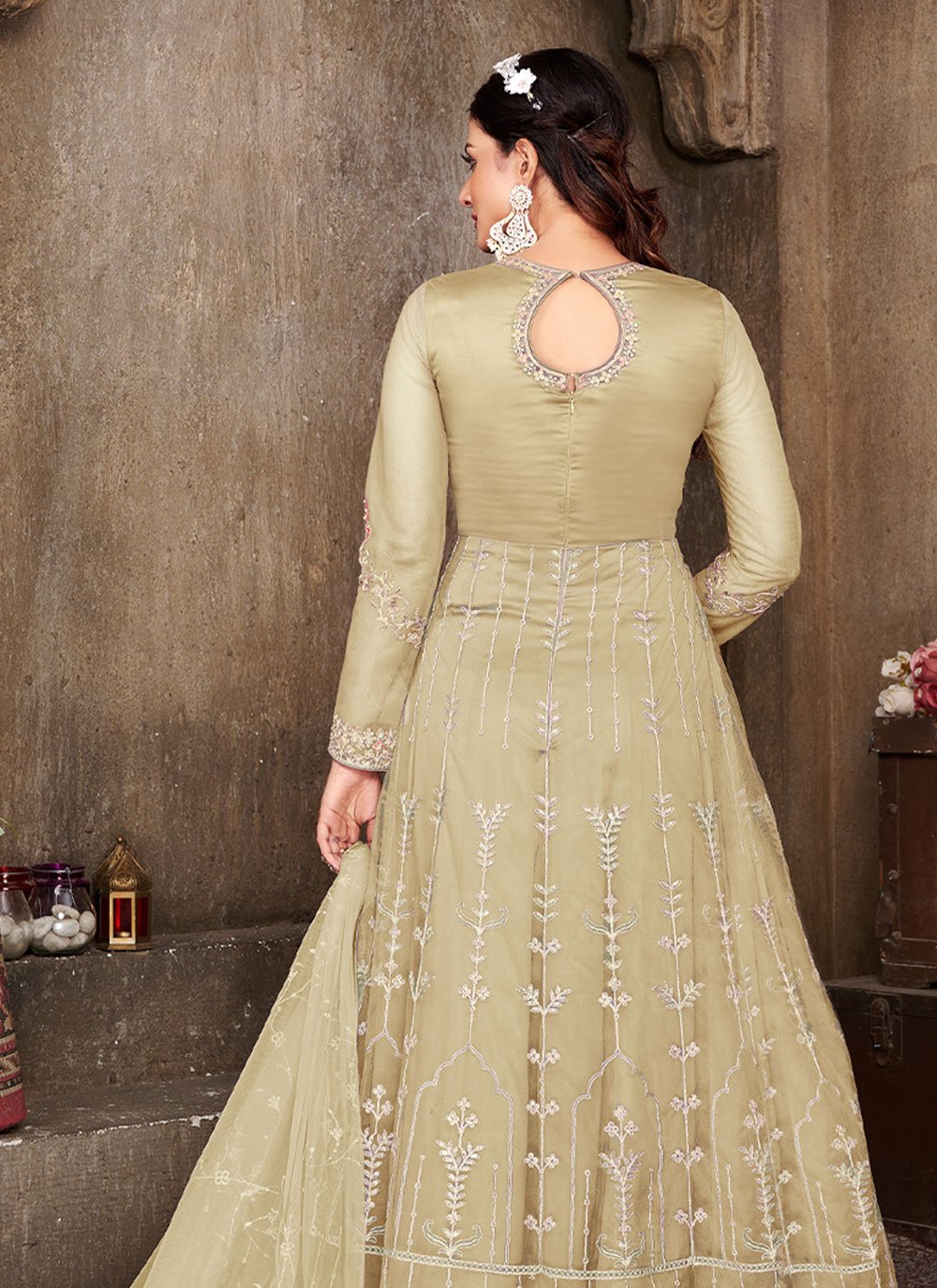 Floor Lenght Salwar Suit Net Beige Embroidered Salwar Kameez