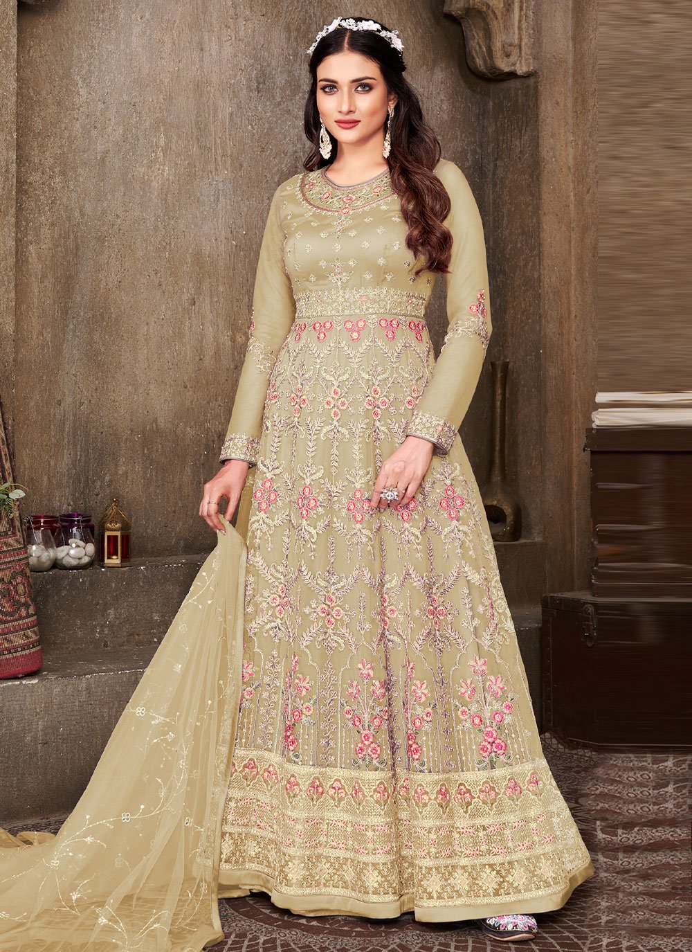 Floor Lenght Salwar Suit Net Beige Embroidered Salwar Kameez