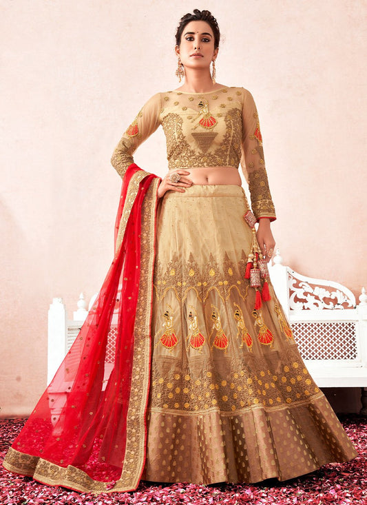 Lehenga Choli Net Beige Embroidered Lehenga Choli