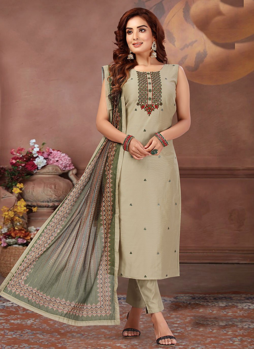 Salwar Suit Silk Beige Embroidered Salwar Kameez