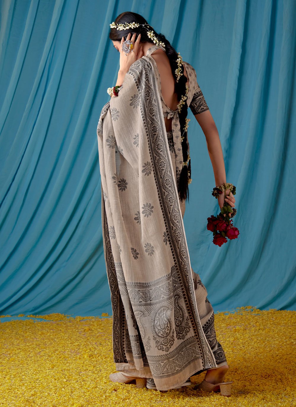 Classic Linen Beige Lucknowi Work Saree