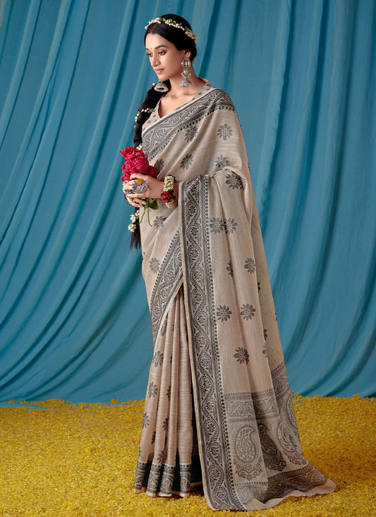 Classic Linen Beige Lucknowi Work Saree