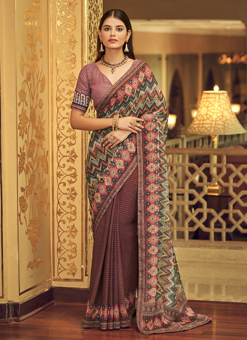 Trendy Saree Georgette Beige Print Saree