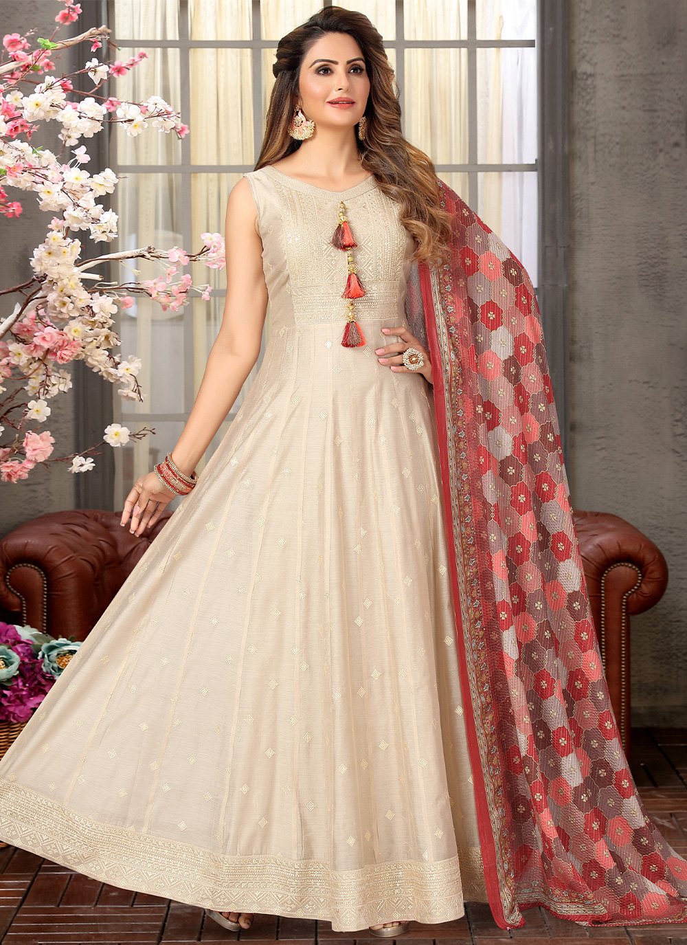 Salwar Suit Silk Beige Embroidered Salwar Kameez