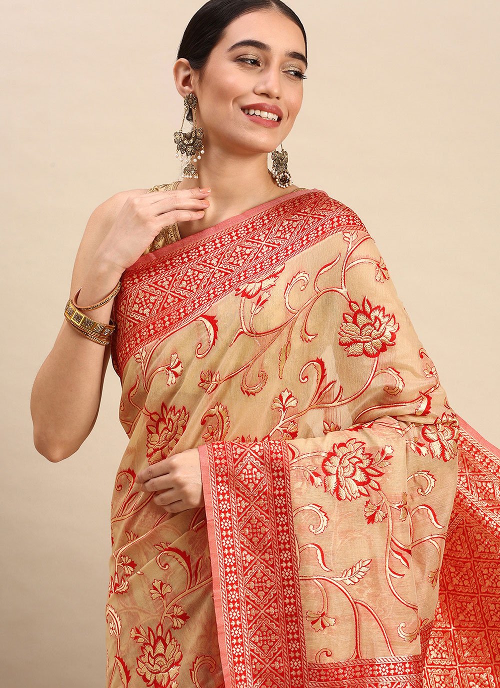 Trendy Saree Soft Cotton Beige Weaving Saree