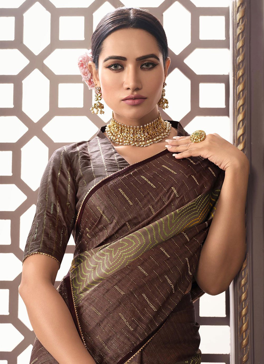 Classic Organza Silk Beige Foil Print Saree