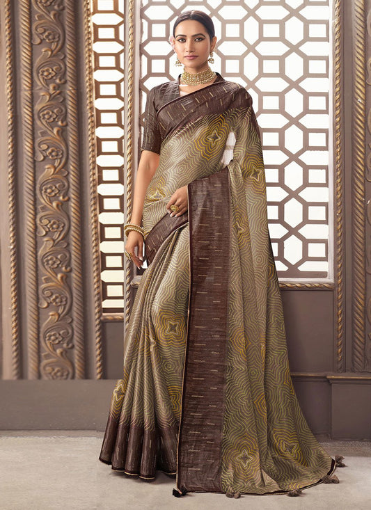 Classic Organza Silk Beige Foil Print Saree