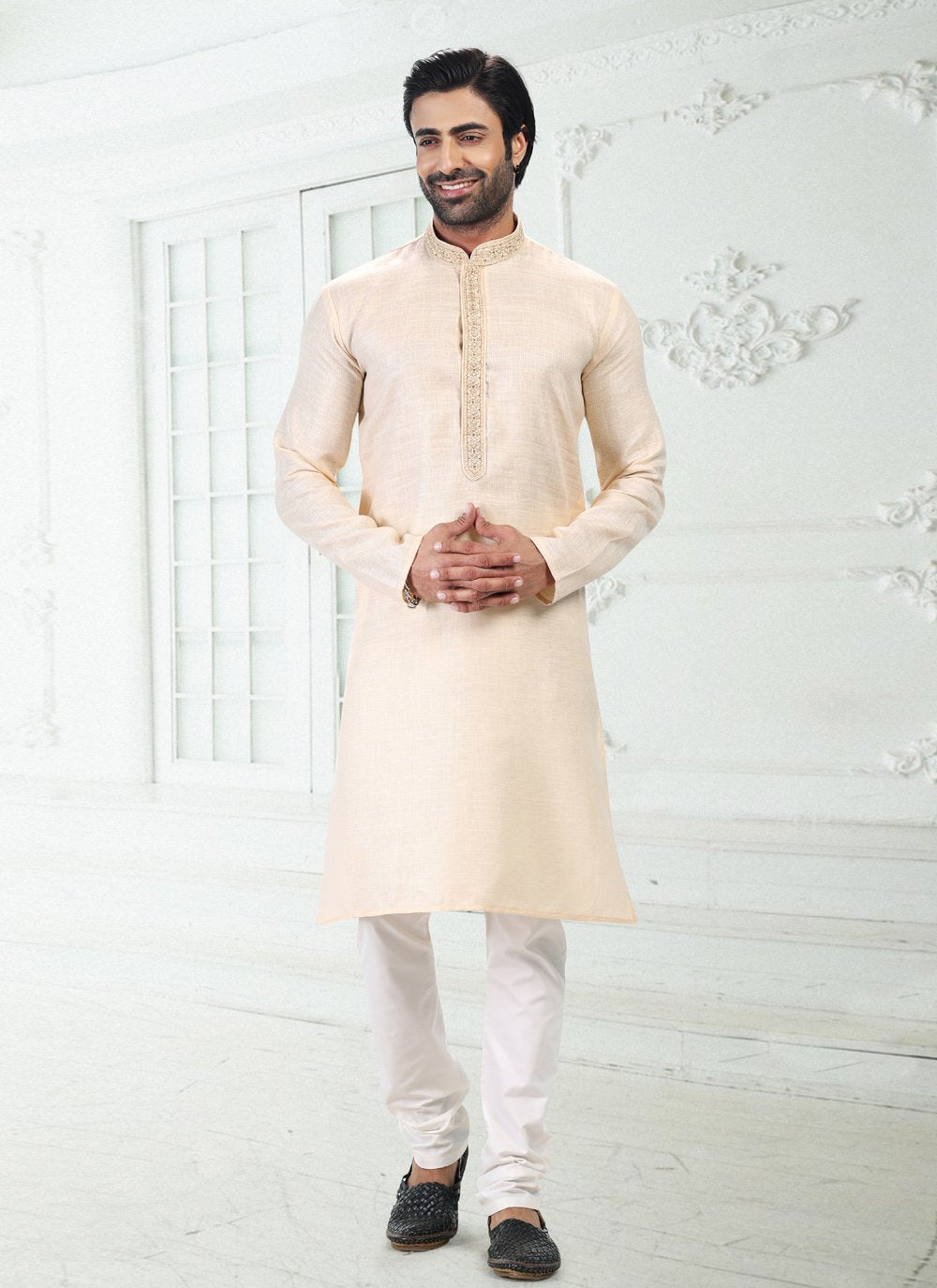 Kurta Pyjama Cotton Linen Beige Thread Mens