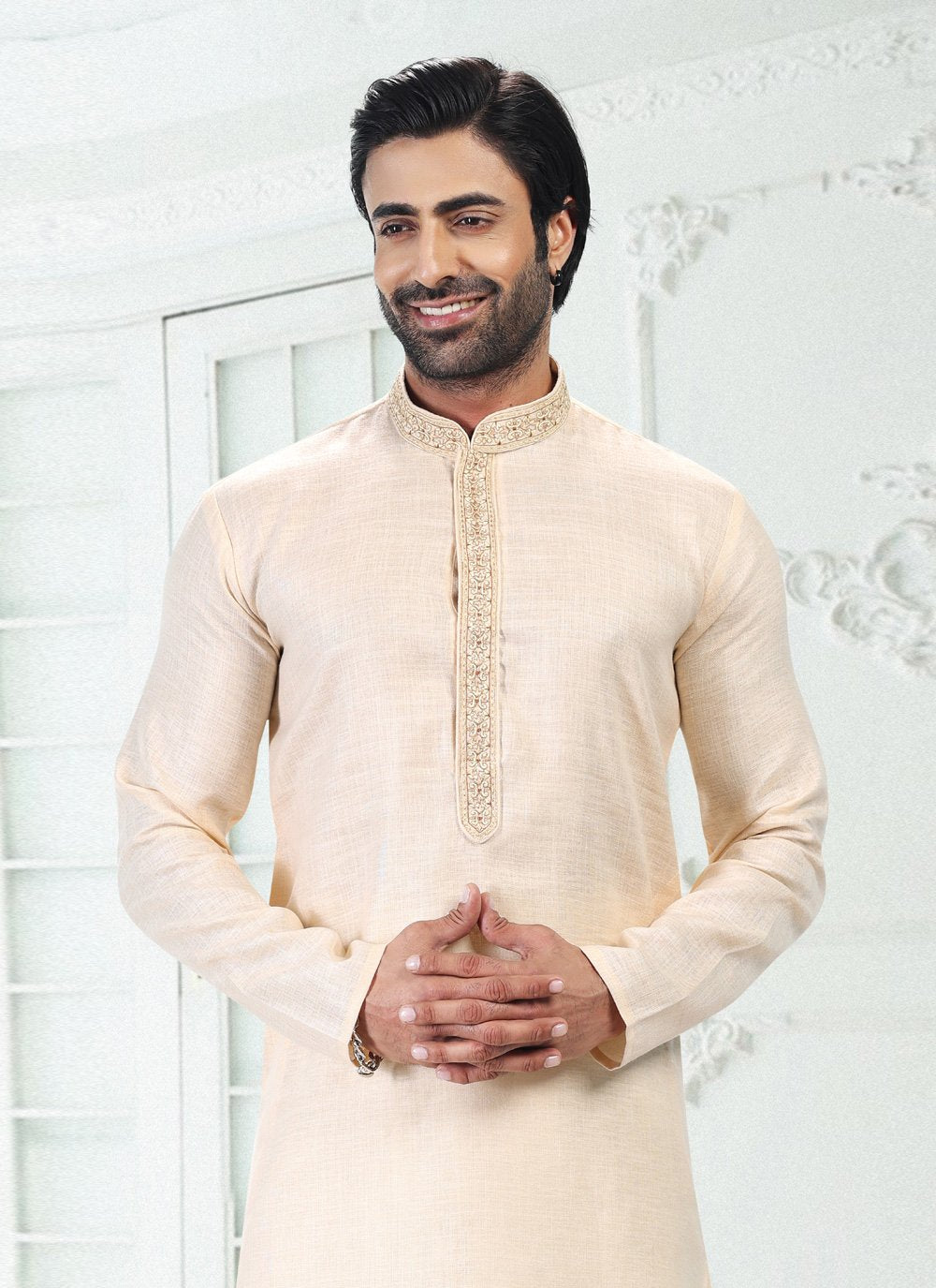 Kurta Pyjama Cotton Linen Beige Thread Mens