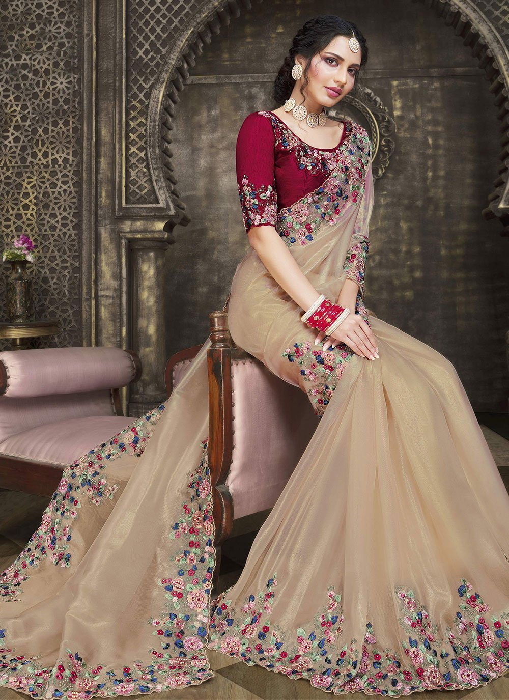 Traditional Saree Tissue Beige Embroidered Saree