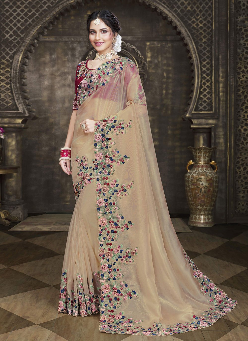 Traditional Saree Tissue Beige Embroidered Saree