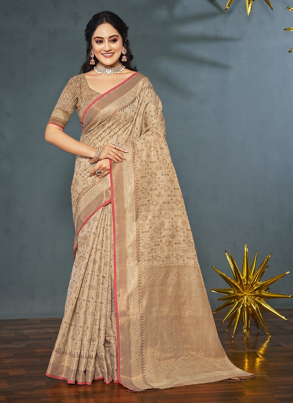 Designer Banarasi Silk Beige Weaving Saree