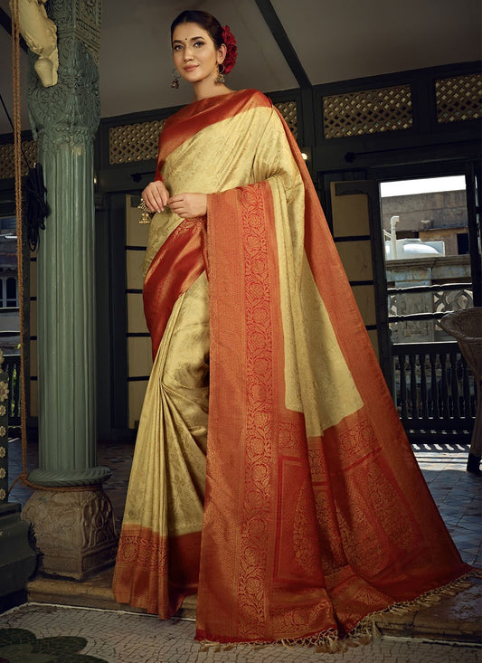 Contemporary Kanjivaram Silk Beige Weaving Saree