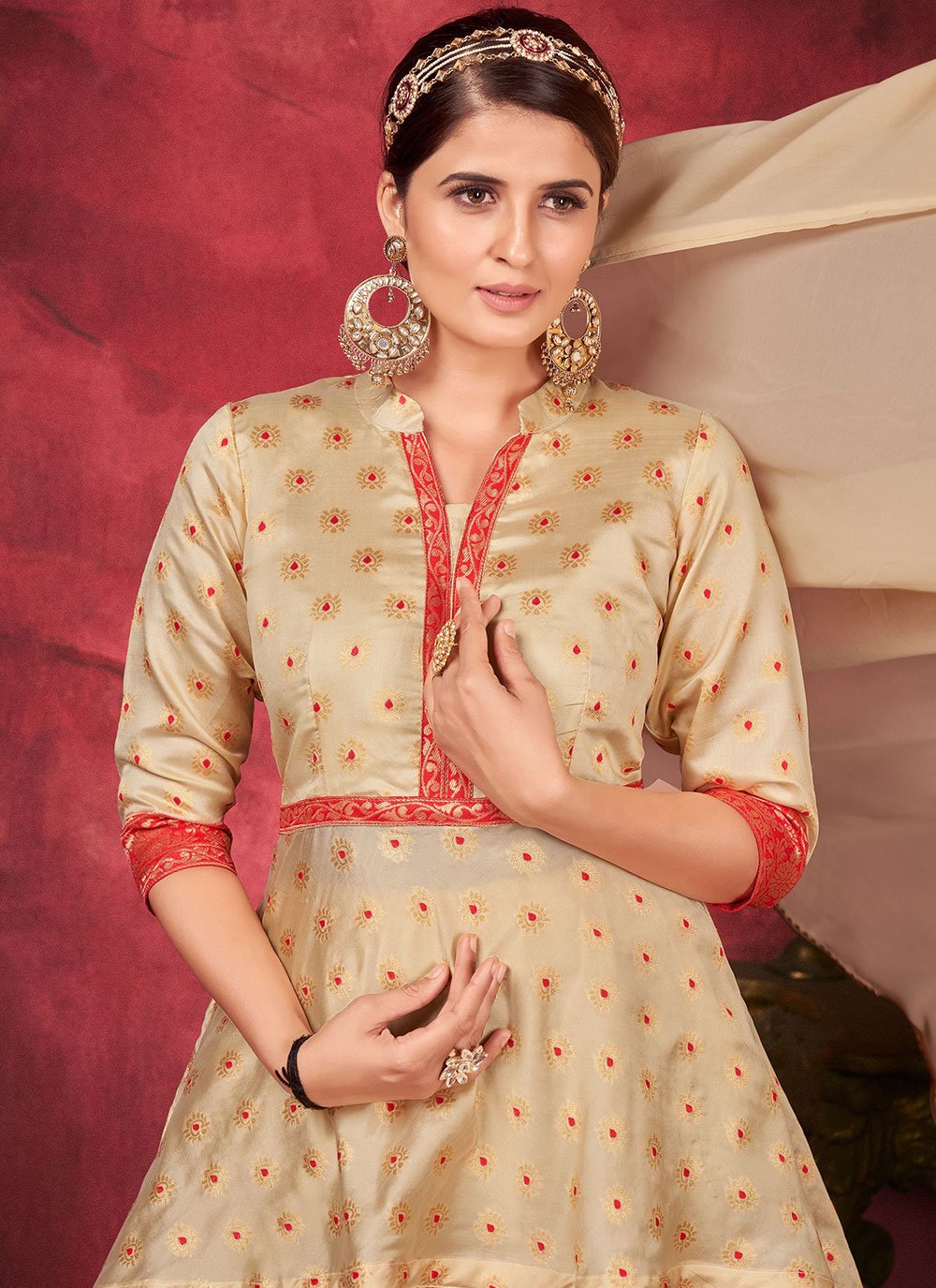 Salwar Suit Art Silk Beige Woven Salwar Kameez